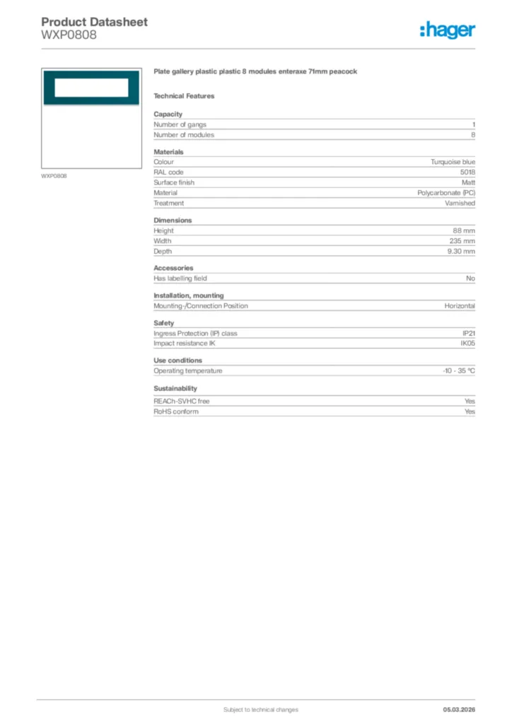Image Hager Product data sheet WXP0808  | Hager Africa