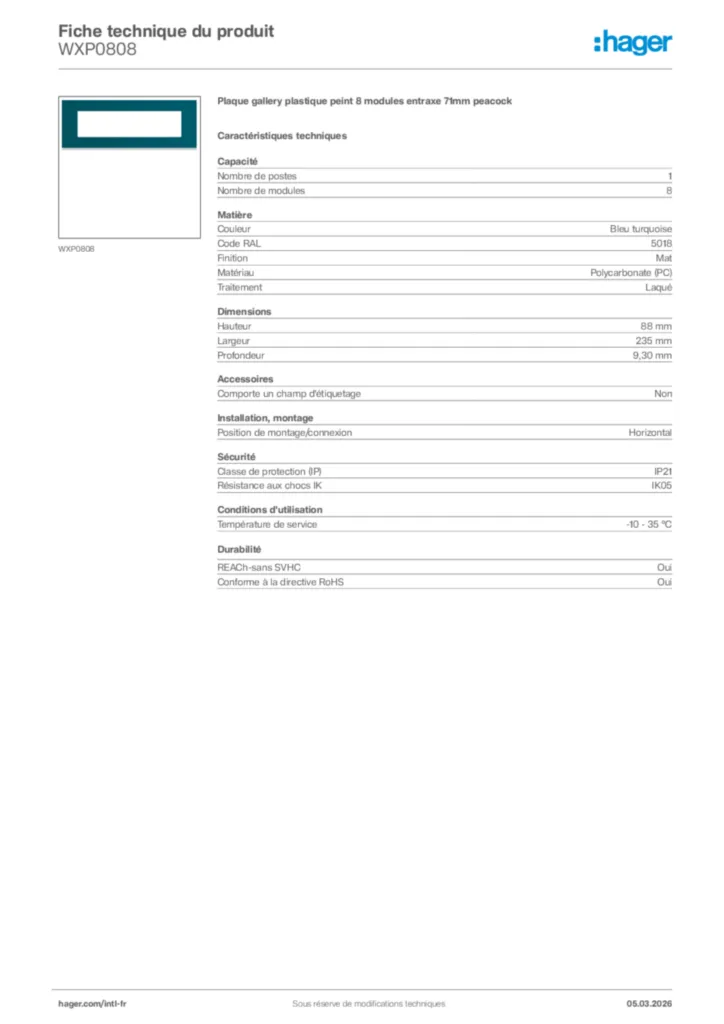 Image Hager Fiche technique du produit WXP0808 | Hager Afrique