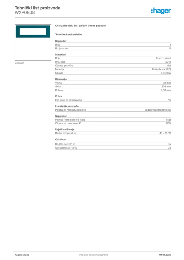 Slika Hager Tehnički list proizvoda WXP0808  | Hager