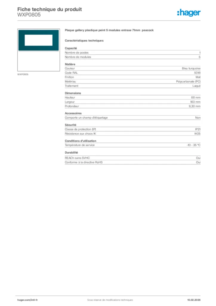 Image Hager Fiche technique du produit WXP0805 | Hager Afrique
