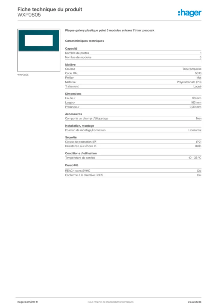 Image Hager Fiche technique du produit WXP0805 | Hager Afrique