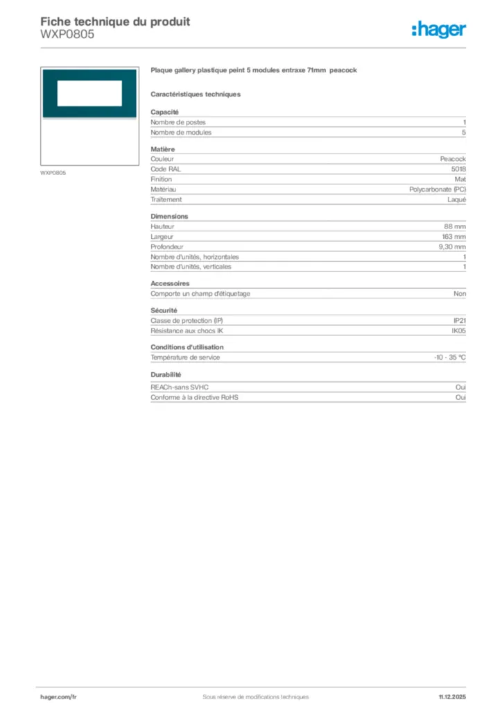 Image Hager Fiche technique du produit WXP0805 | Hager France