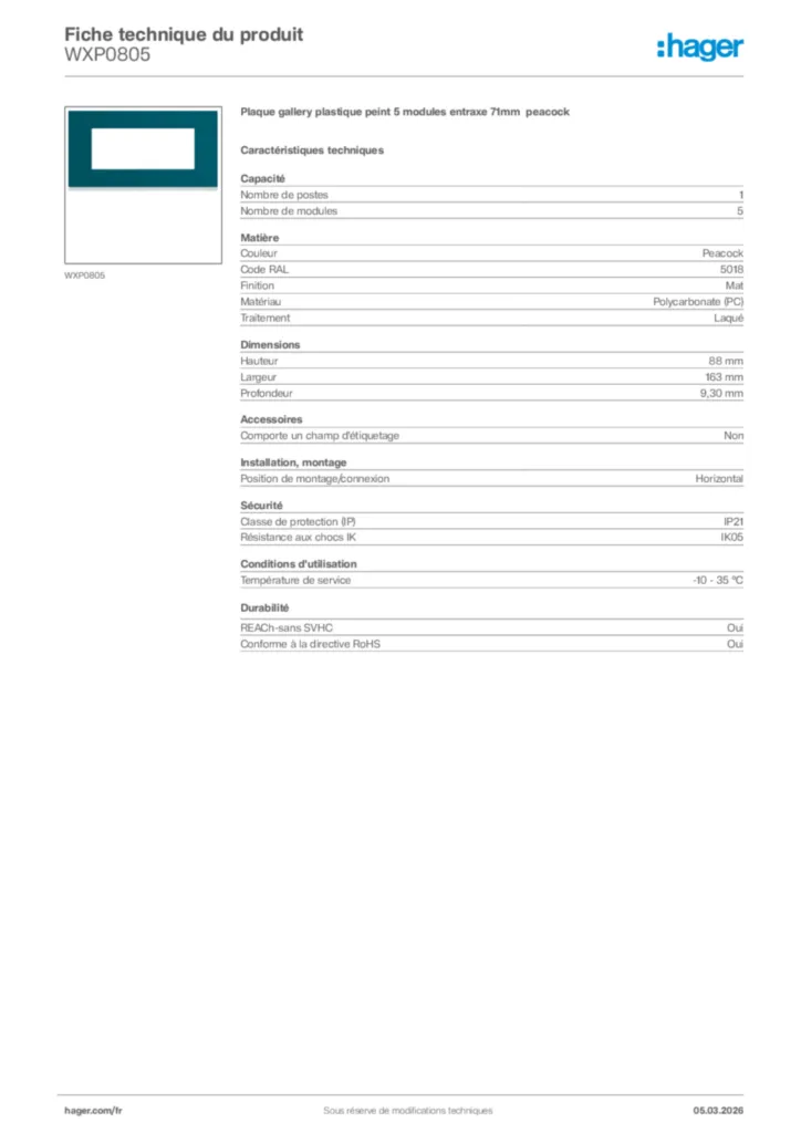 Image Hager Fiche technique du produit WXP0805 | Hager France