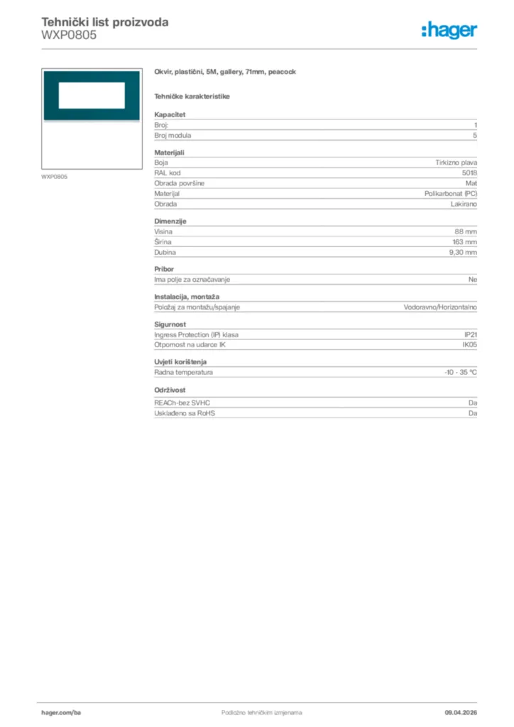 Slika Hager Tehnički list proizvoda WXP0805  | Hager