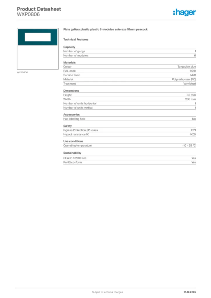 Image Hager Product data sheet WXP0806  | Hager Africa