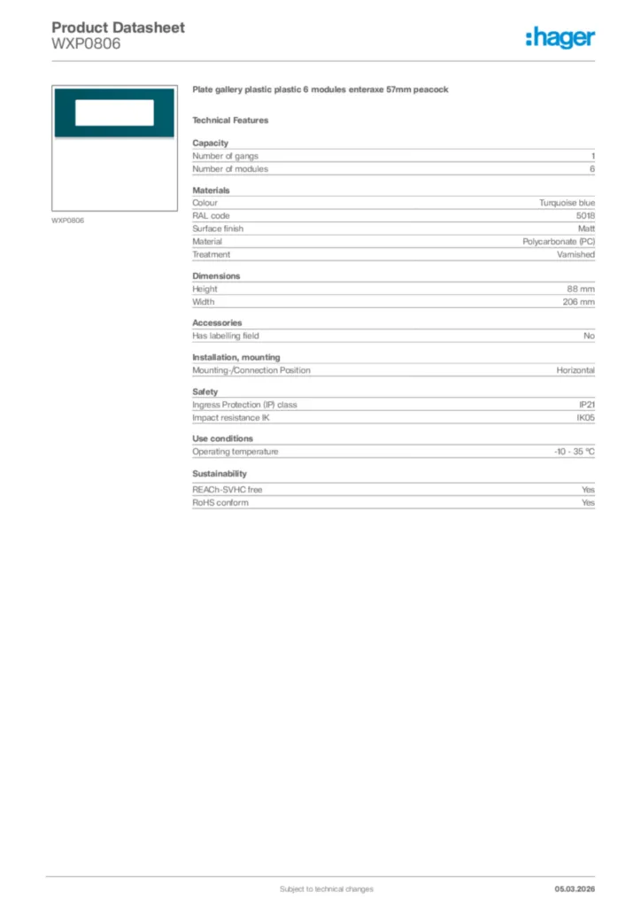 Image Hager Product data sheet WXP0806  | Hager Africa