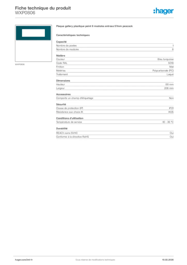 Image Hager Fiche technique du produit WXP0806 | Hager Afrique