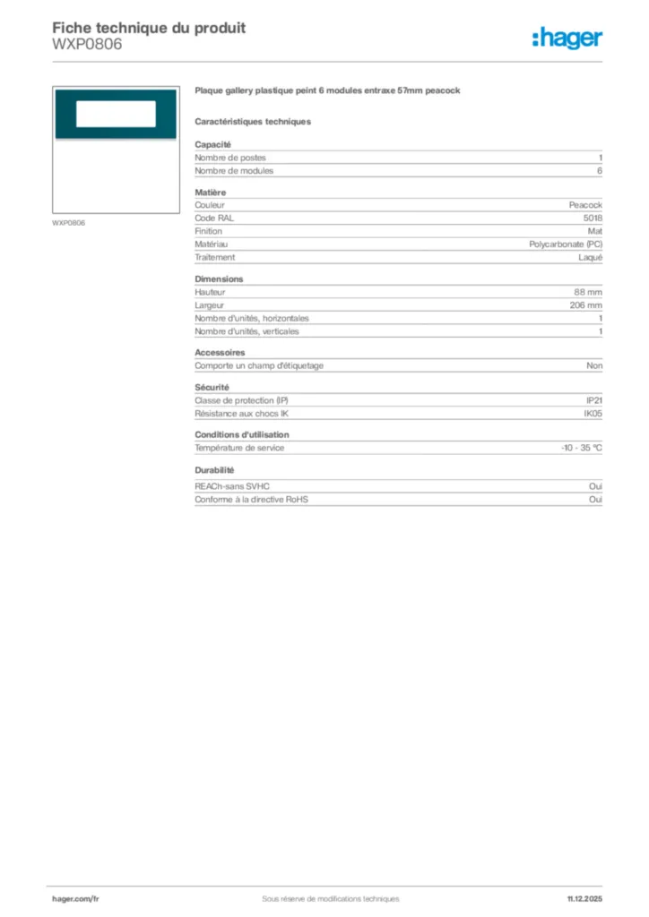 Image Hager Fiche technique du produit WXP0806 | Hager France