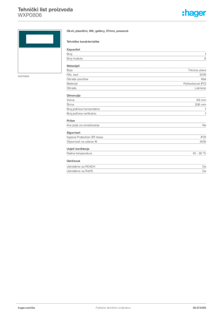 Slika Hager Product data sheet WXP0806  | Hager