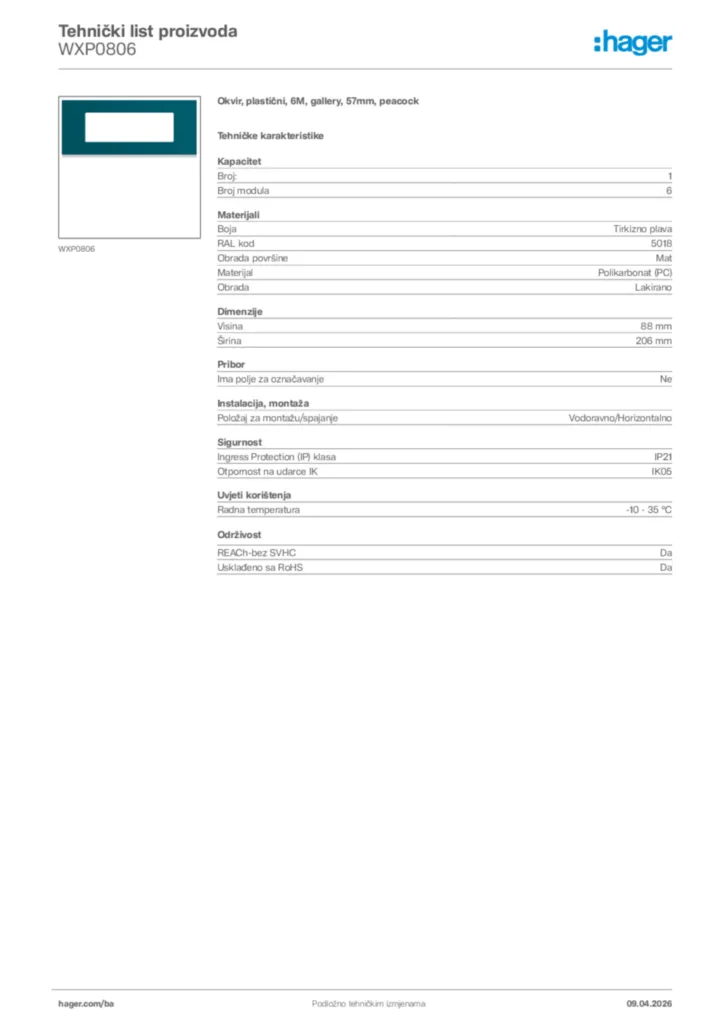 Slika Hager Tehnički list proizvoda WXP0806  | Hager