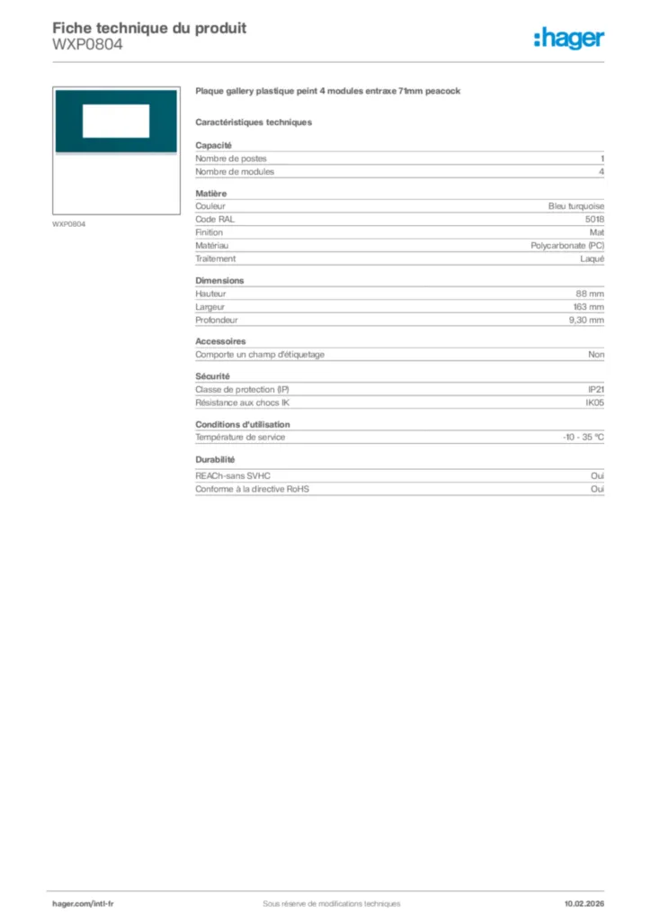 Image Hager Fiche technique du produit WXP0804 | Hager Afrique