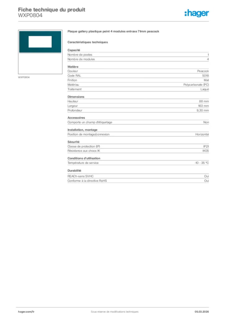 Image Hager Fiche technique du produit WXP0804 | Hager France