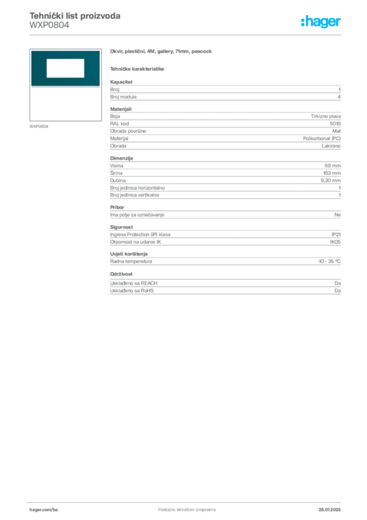 Slika Hager Product data sheet WXP0804  | Hager