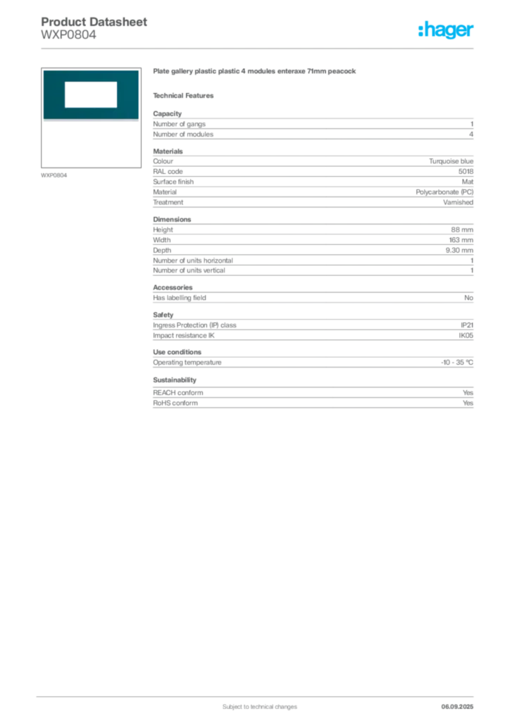 Image Hager Product data sheet WXP0804  | Hager