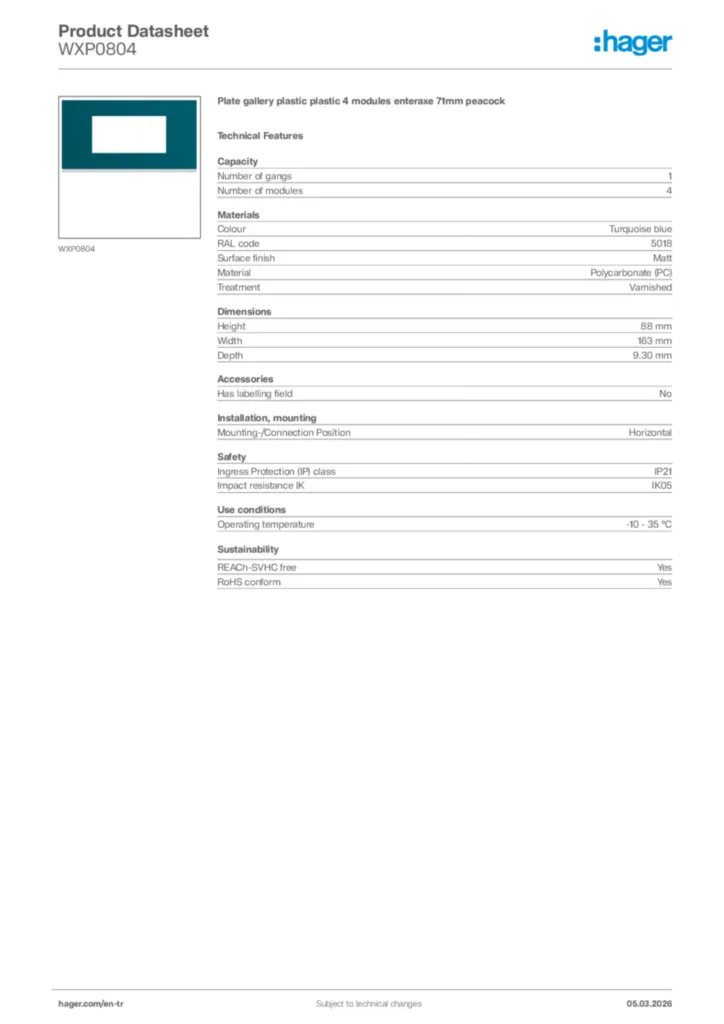 Image Hager Product data sheet WXP0804  | Hager