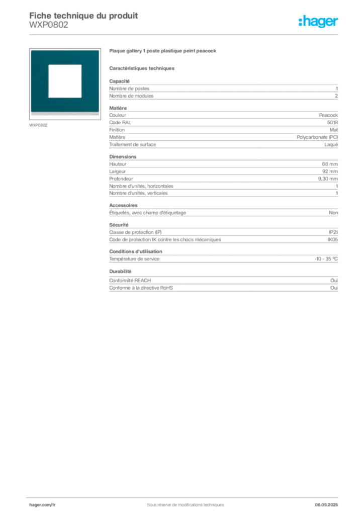 Image Hager Fiche technique du produit WXP0802 | Hager France