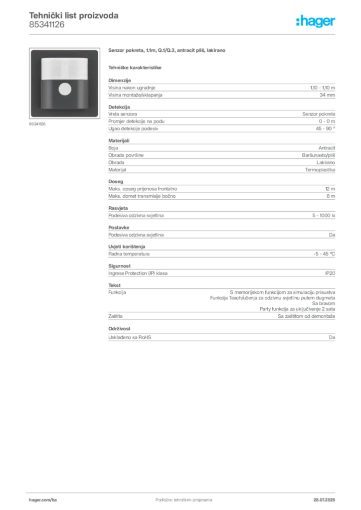 Slika Hager Product data sheet 85341126  | Hager