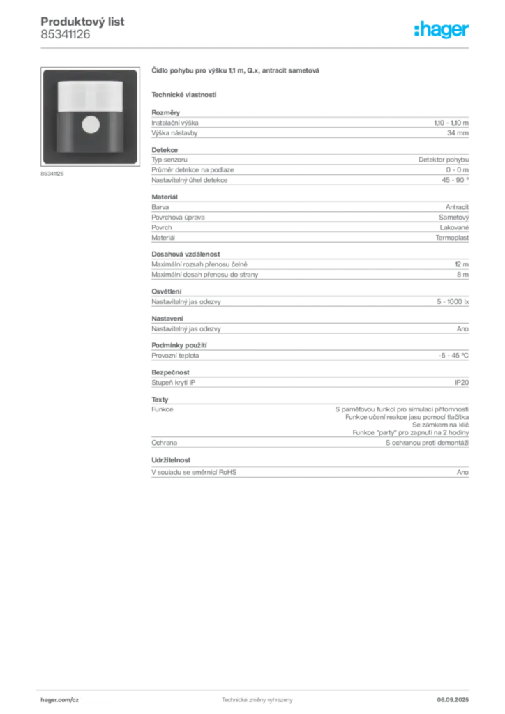 Obrázek Hager Produktový list 85341126 | Hager