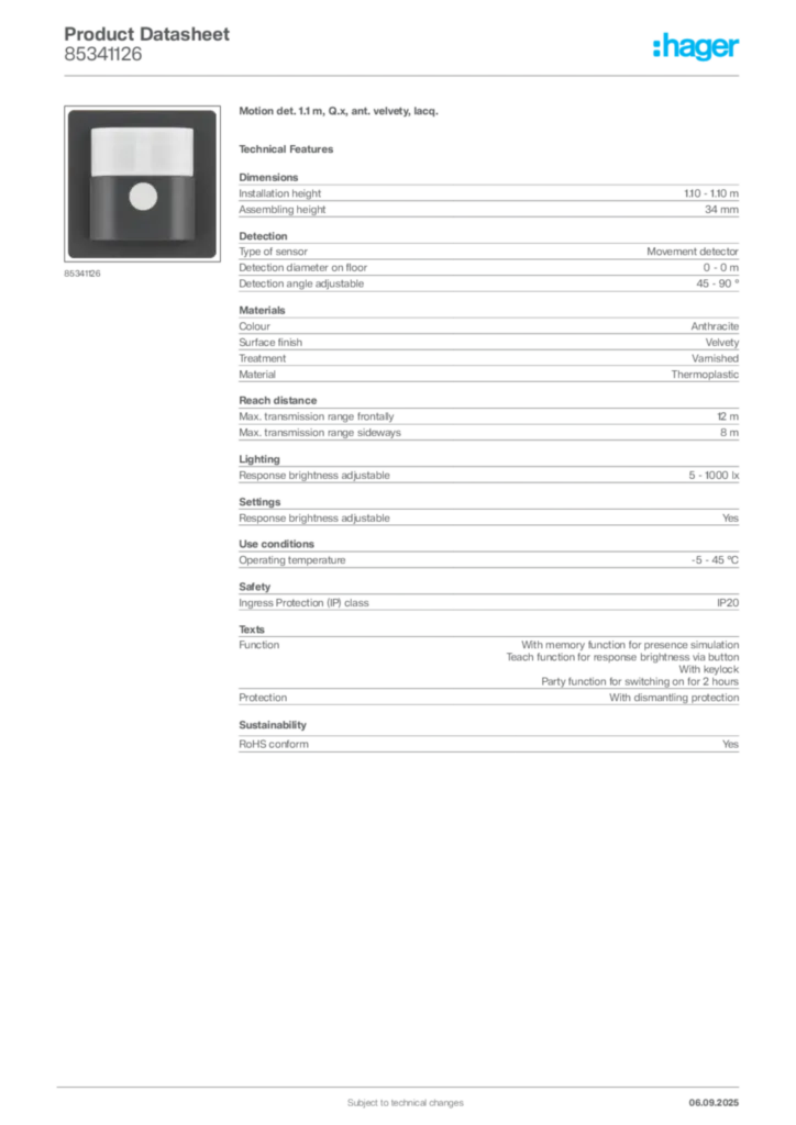 Image Hager Product data sheet 85341126  | Hager