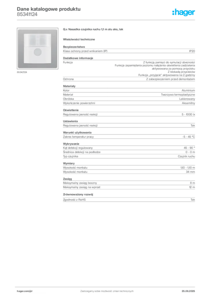 Zdjęcie Hager Karta katalogowa 85341124 | Hager Polska