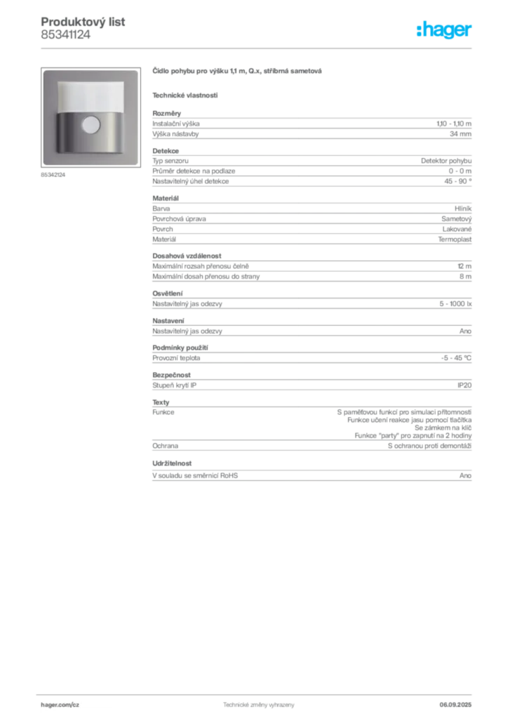 Obrázek Hager Produktový list 85341124 | Hager