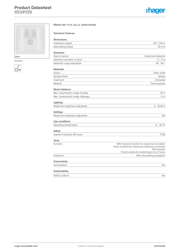 Image Hager Product data sheet 85341129  | Hager