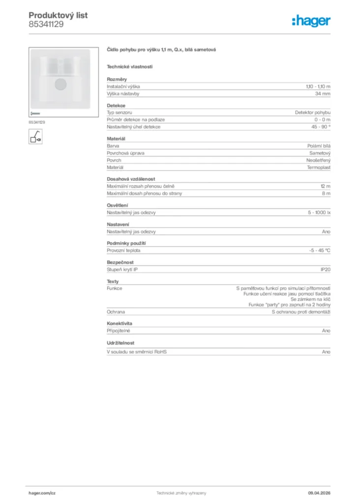 Obrázek Hager Product data sheet 85341129 | Hager