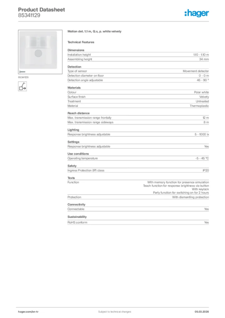 Image Hager Product data sheet 85341129  | Hager