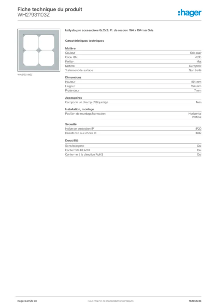 Image Hager Fiche technique du produit WH27931103Z | Hager Suisse