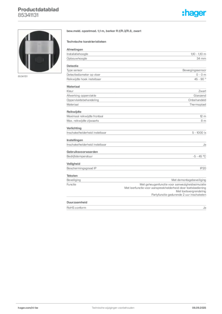 Afbeelding Hager Productdatablad 85341131 | Hager Belgium