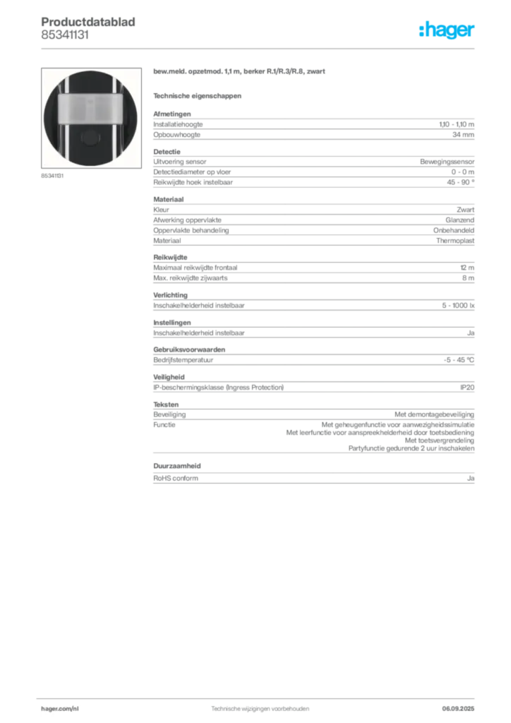 Afbeelding Hager Productdatablad 85341131 | Hager Nederland