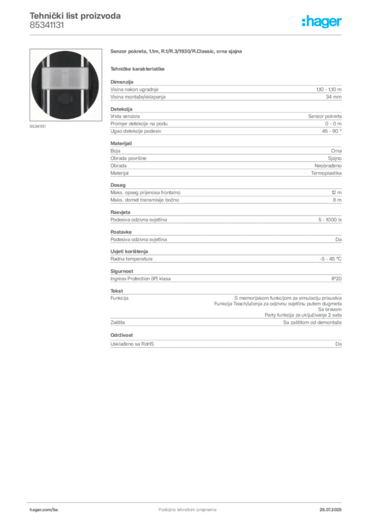Slika Hager Product data sheet 85341131  | Hager