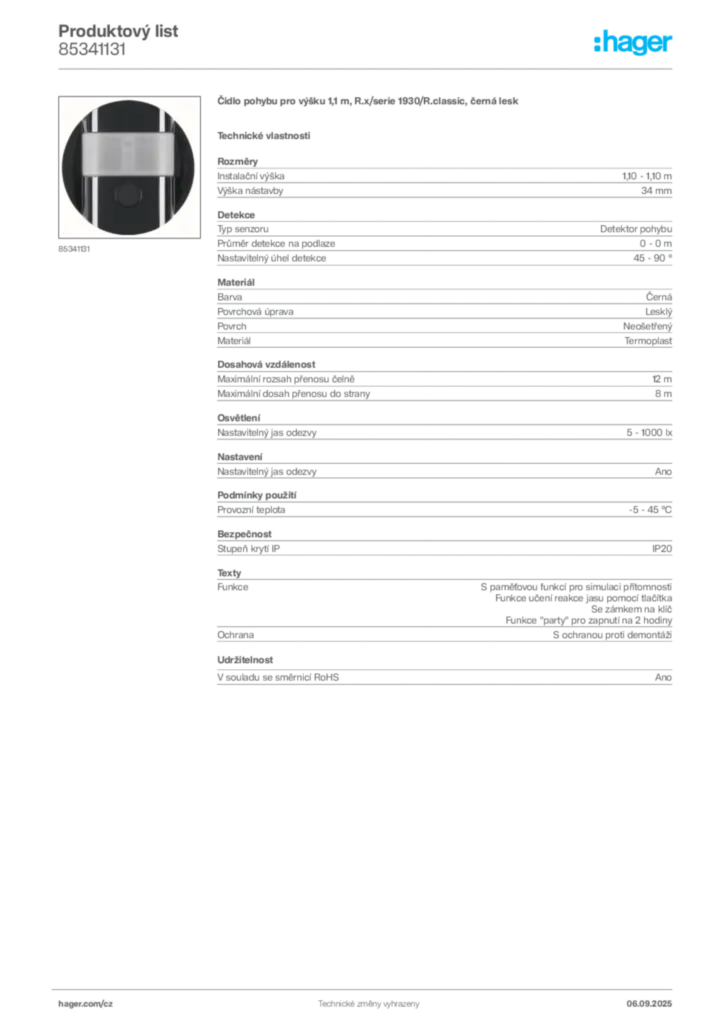 Obrázek Hager Produktový list 85341131 | Hager