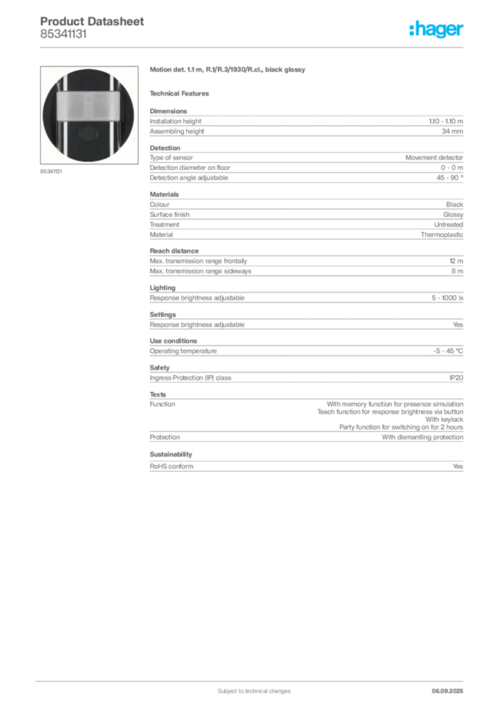 Image Hager Product data sheet 85341131  | Hager