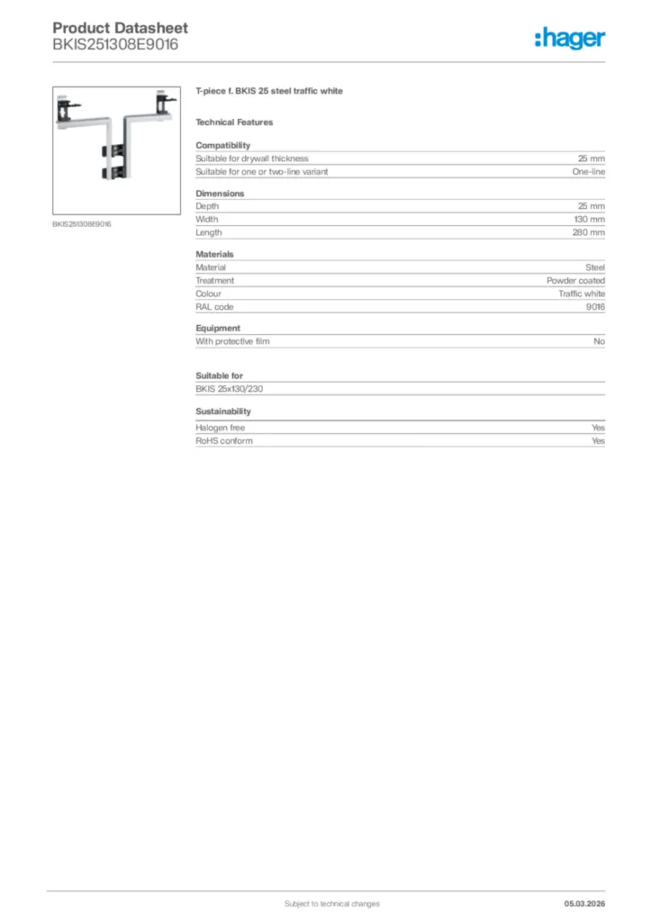 Image Hager Product data sheet BKIS251308E9016  | Hager Africa