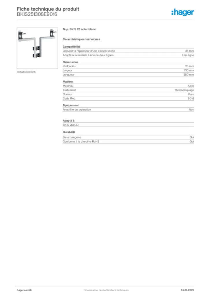 Image Hager Fiche technique du produit BKIS251308E9016 | Hager France