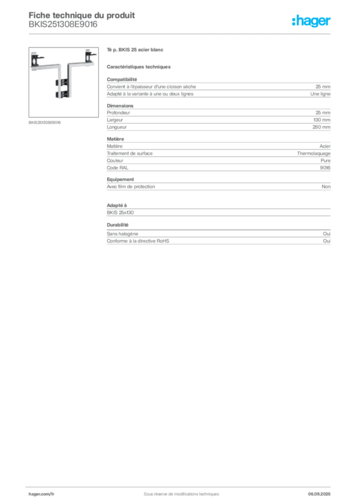 Image Hager Fiche technique du produit BKIS251308E9016 | Hager France