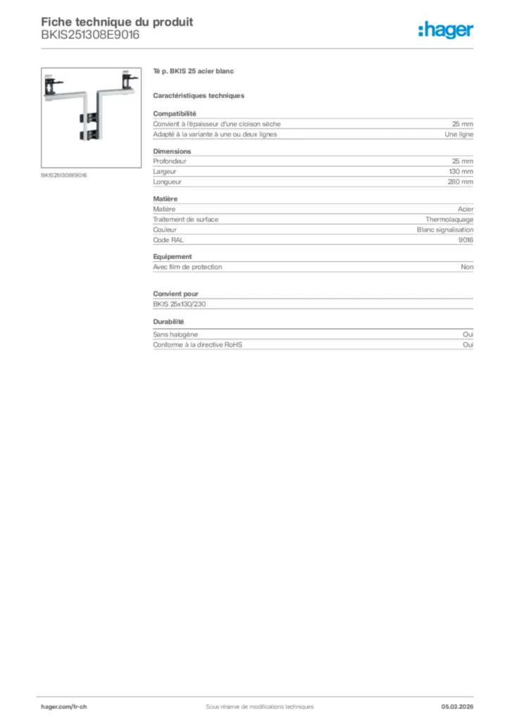 Image Hager Fiche technique du produit BKIS251308E9016 | Hager Suisse