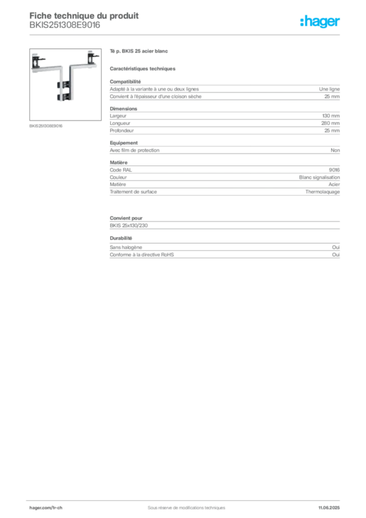 Image Hager Fiche technique du produit BKIS251308E9016 | Hager Suisse