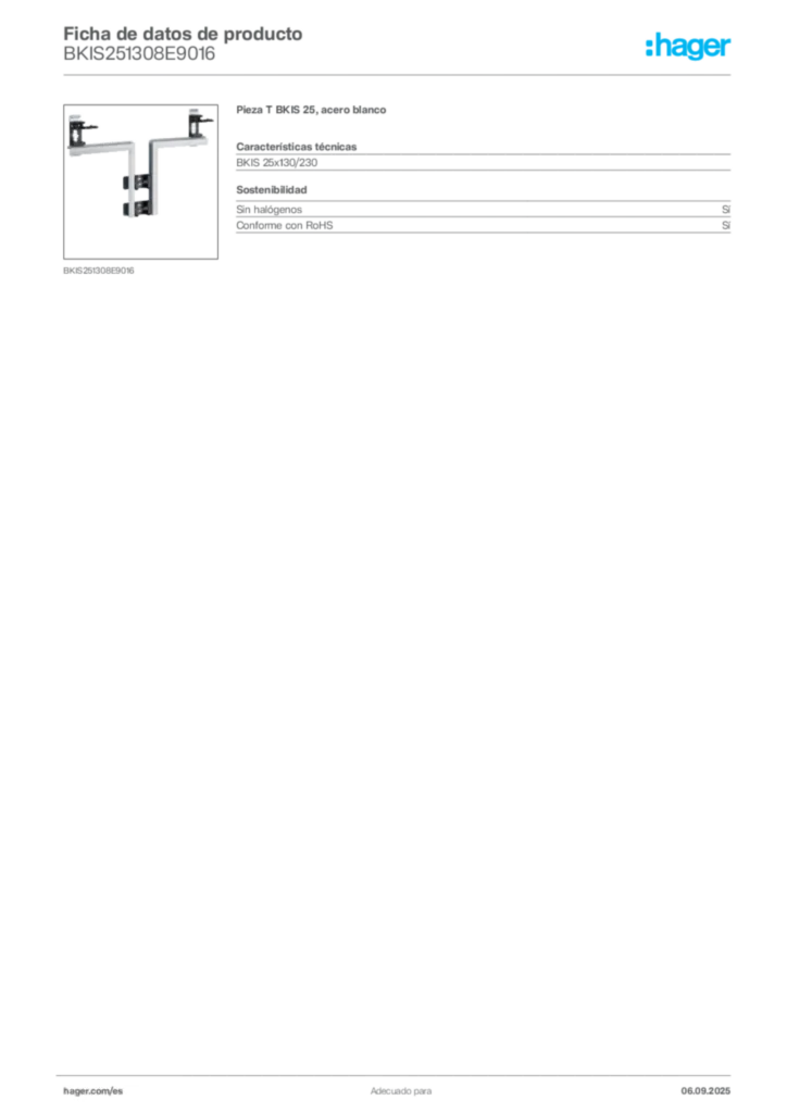 Imagen Hager Ficha de datos de producto BKIS251308E9016 | Hager España
