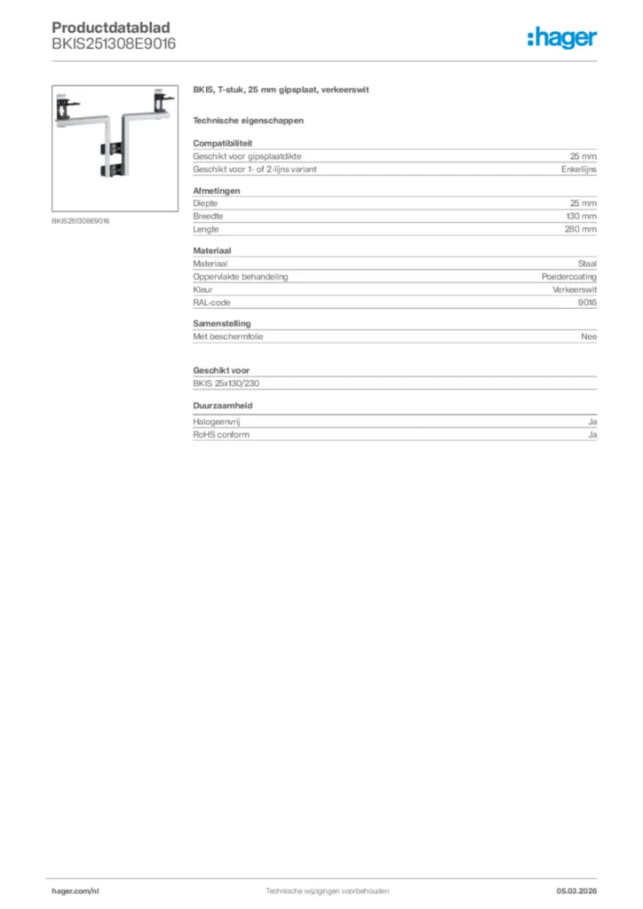 Afbeelding Hager Productdatablad BKIS251308E9016 | Hager Nederland