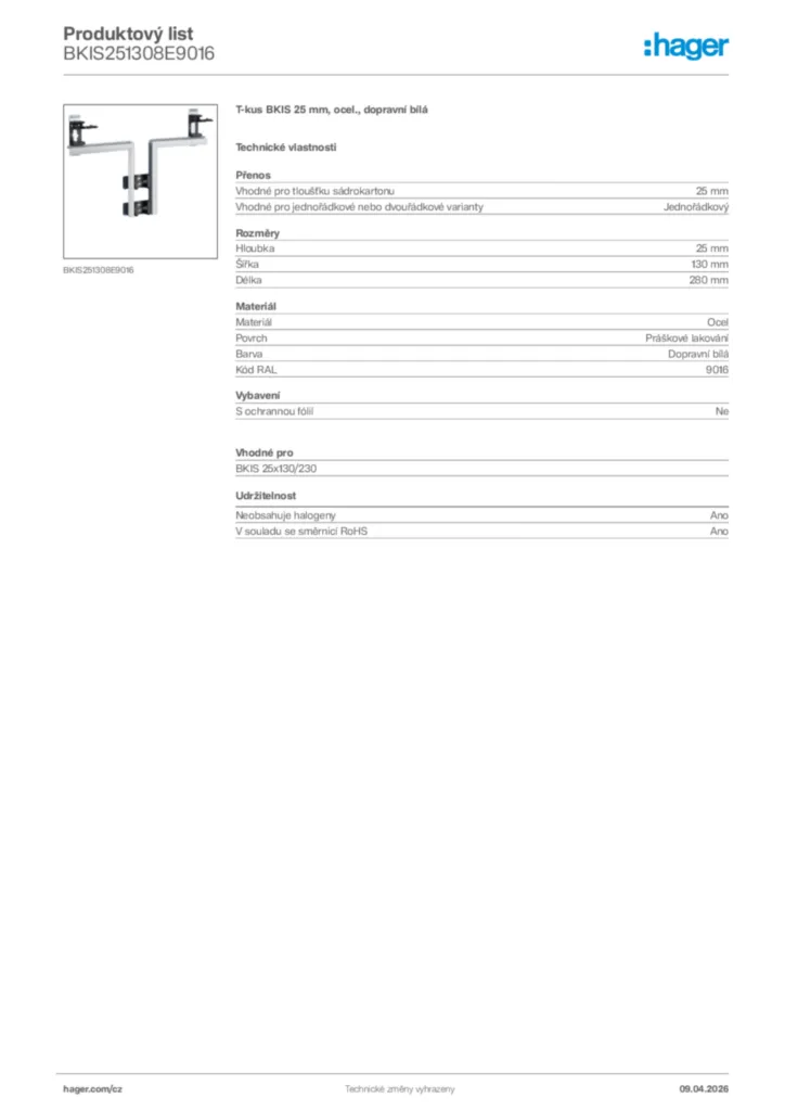 Obrázek Hager Product data sheet BKIS251308E9016 | Hager