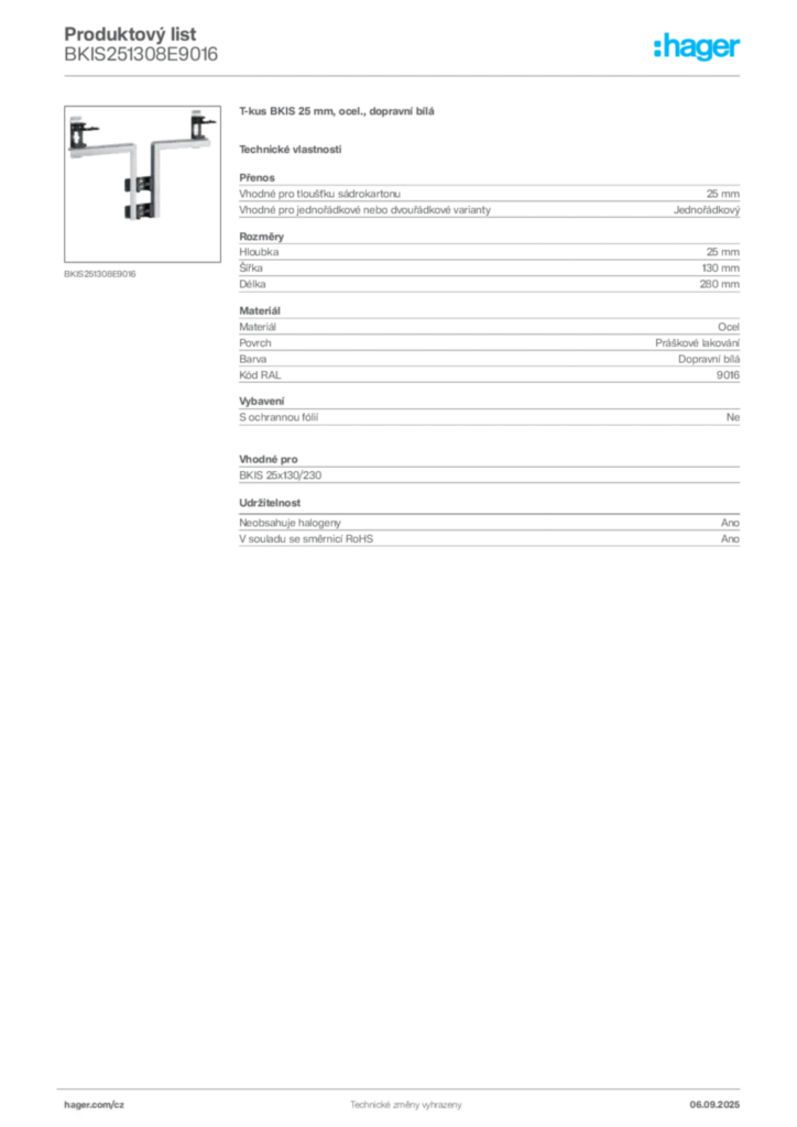 Obrázek Hager Produktový list BKIS251308E9016 | Hager