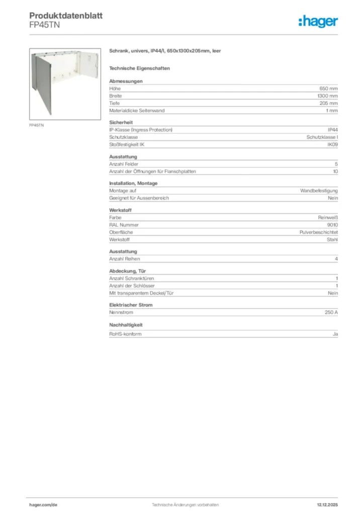 Bild Hager Produktdatenblatt FP45TN | Hager Deutschland