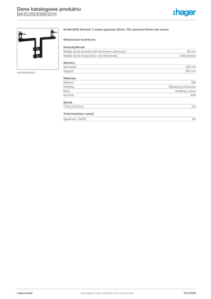 Zdjęcie Hager Karta katalogowa BKIS251308E9011 | Hager Polska