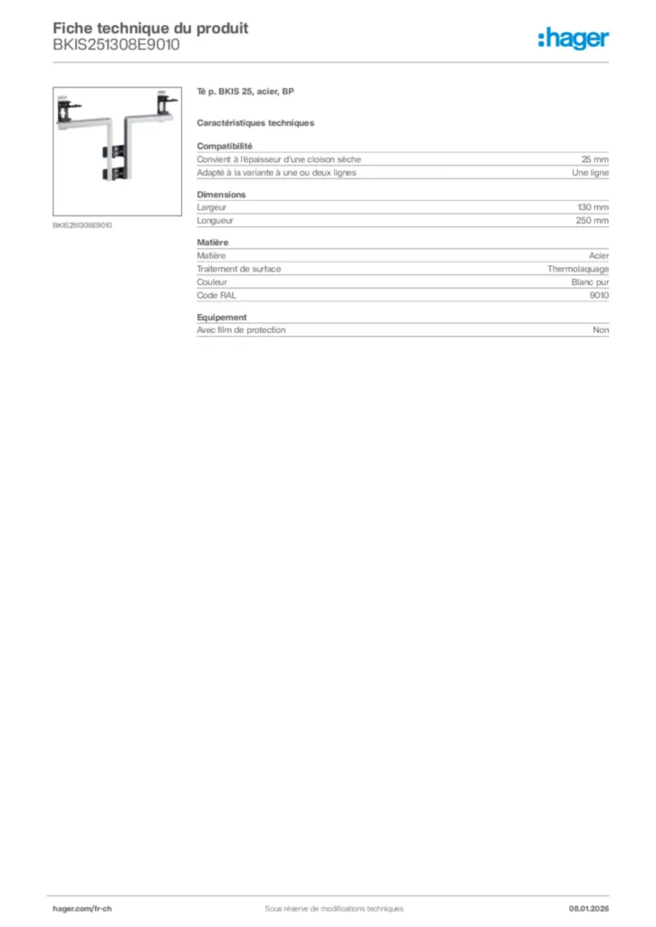 Image Hager Fiche technique du produit BKIS251308E9010 | Hager Suisse