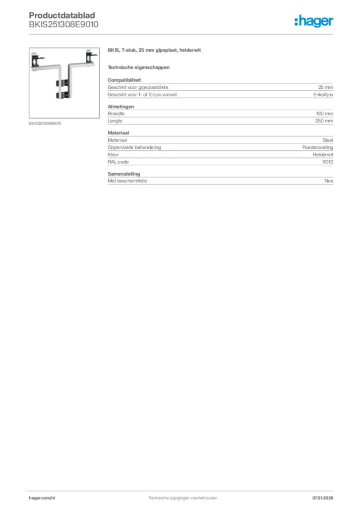 Afbeelding Hager Productdatablad BKIS251308E9010 | Hager Nederland