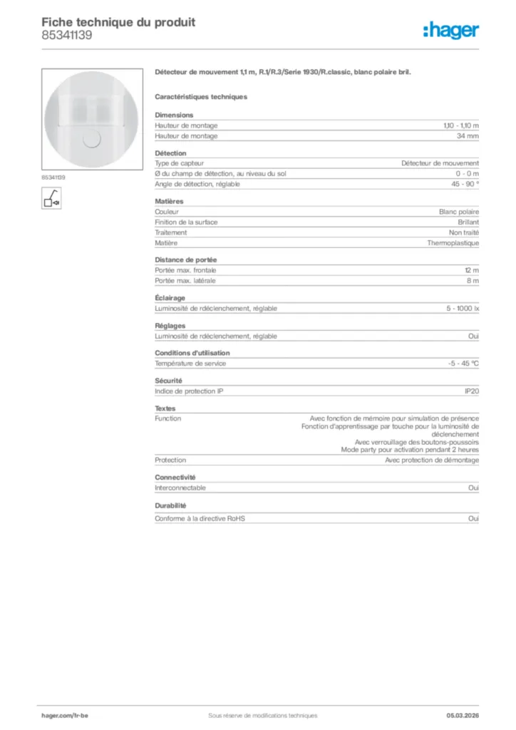 Image Hager Fiche technique du produit 85341139 | Hager Belgique