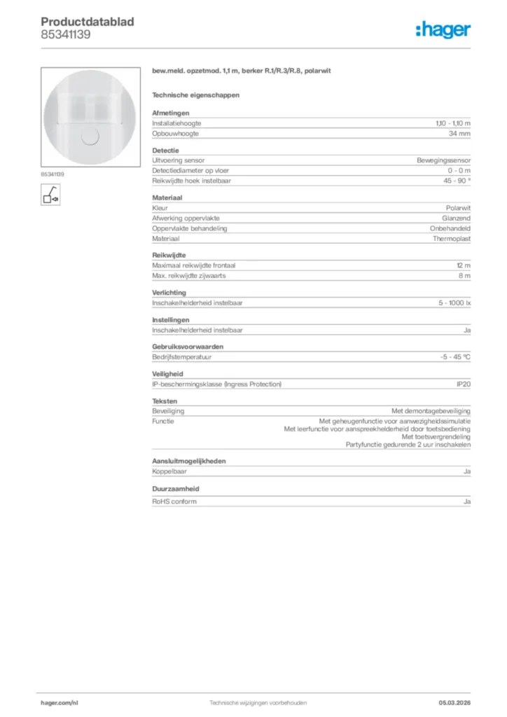 Afbeelding Hager Productdatablad 85341139 | Hager Nederland