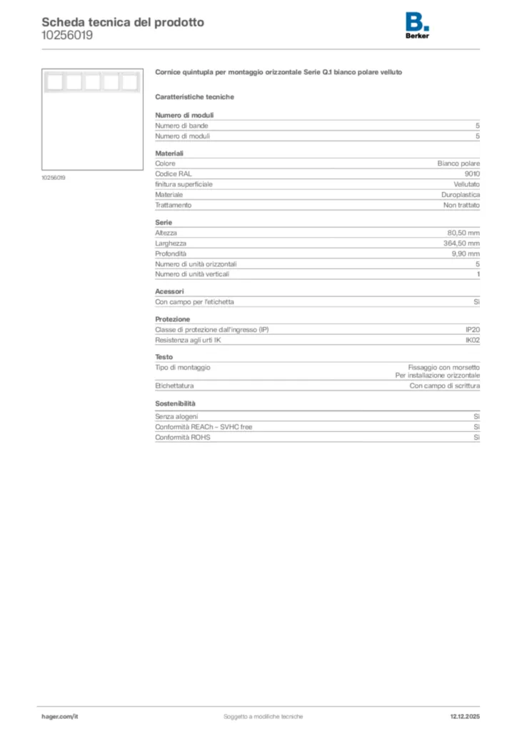 Immagine Berker Scheda tecnica del prodotto 10256019 | Hager Italia